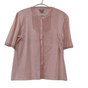 Nygard Collection Pink Lace Trim Button Front Short Sleeve Blouse Women’s L
